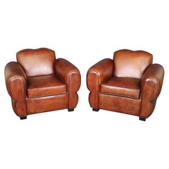 Pair Cognac Hued French Art Deco Style Leather Moustache Club Chairs