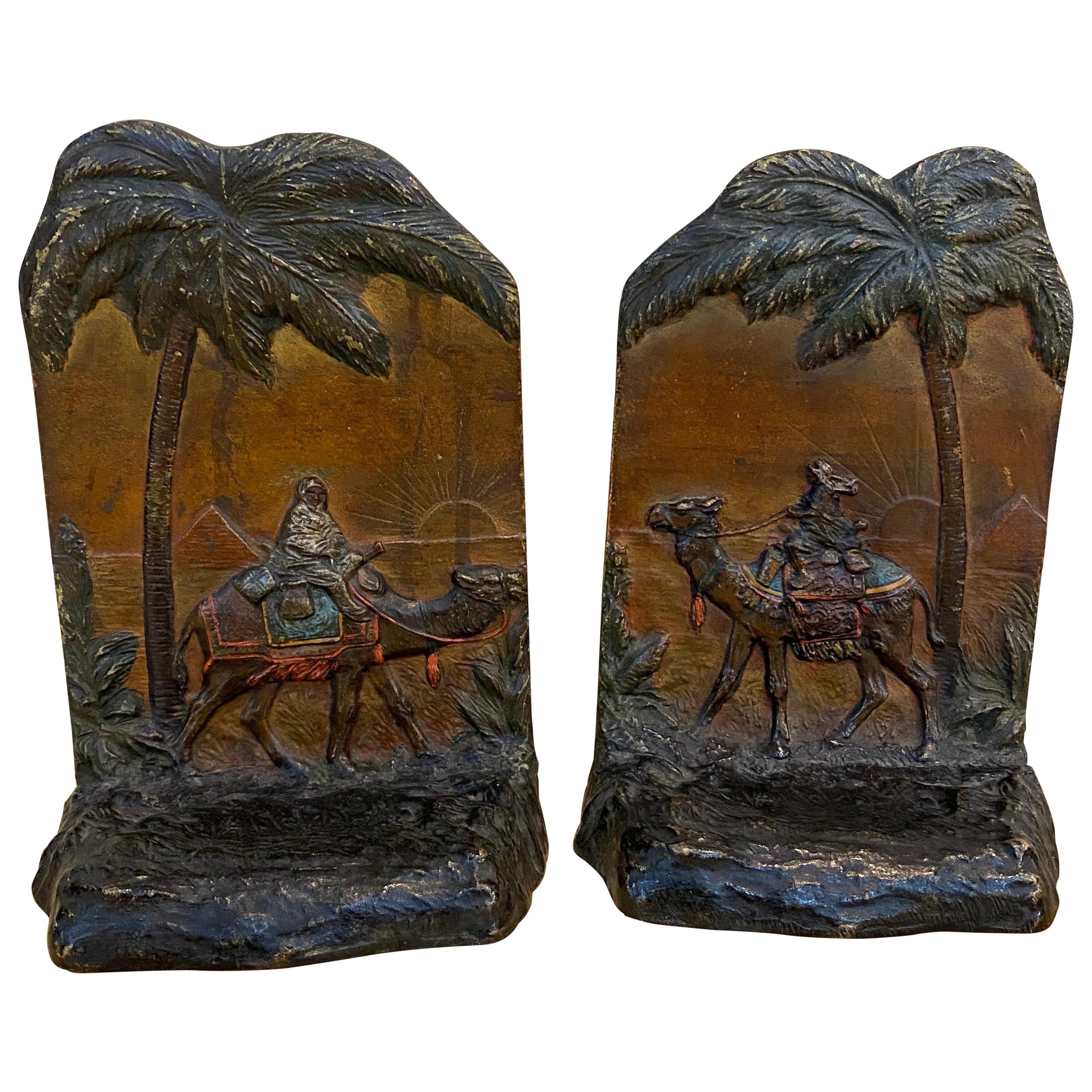 Pair Cold Painted Austrian Polychrome Bookends of Arabian Merchants and Pyramids