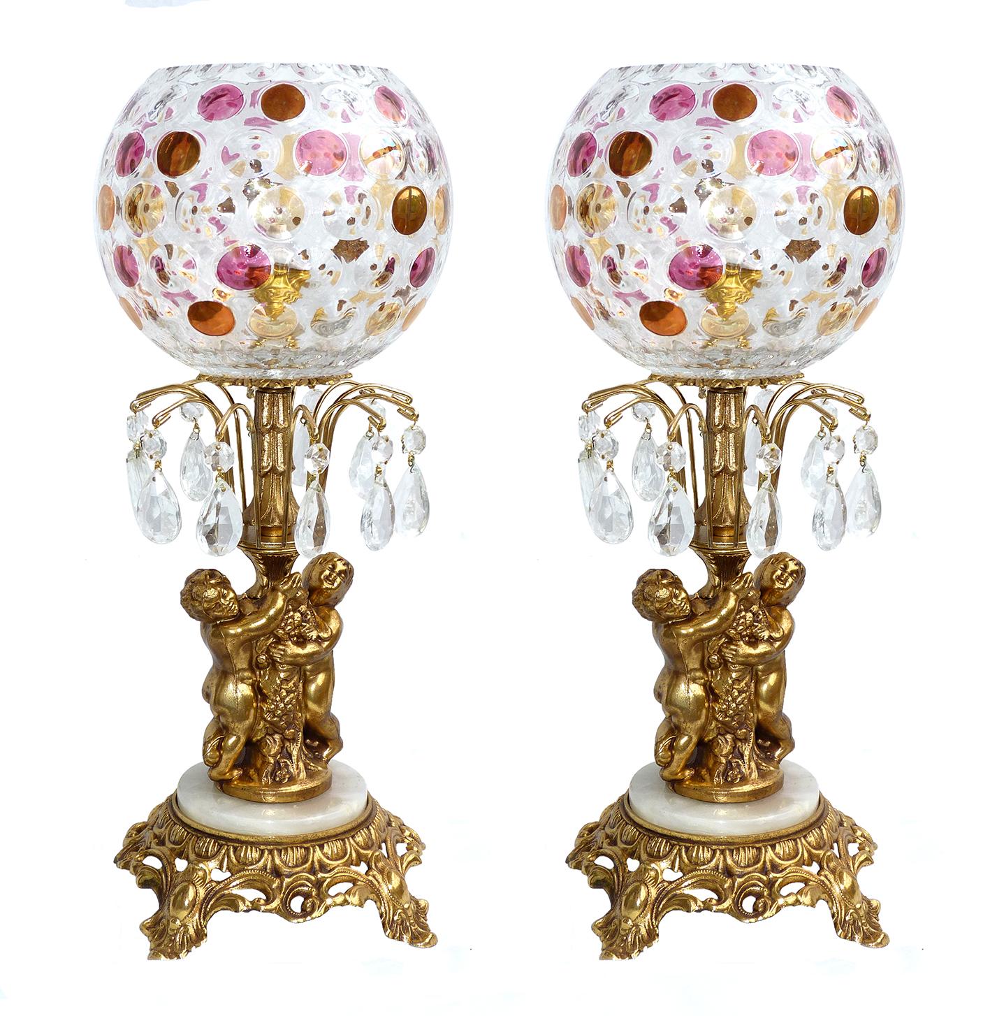 Gorgeous pair of Bohemian Regency Empire in gilt metal and colorful crystal table lamps
Housing one-light bulb each E14.
Measures:
Height 18 in /45 cm
Diameter 8 in /20 cm
Two light bulbs ( E14 )
Good working condition / US wiring.
Assembly