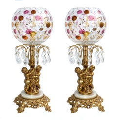 Pair Color Bohemia Crystal Hollywood Regency Empire Cherub Onix Gilt Table Lamps