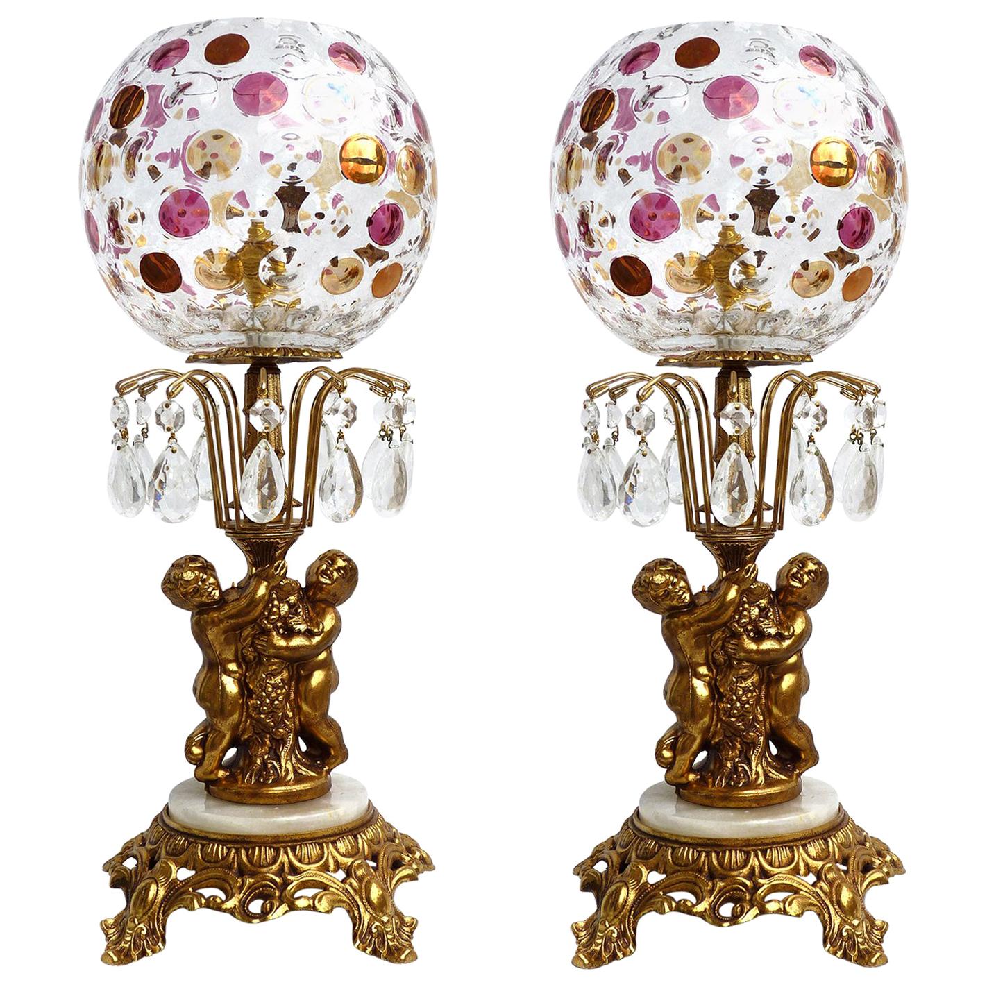 Paire de lampes de table Bohemia Crystal Hollywood Regency Empire Cherub Onix Gilt