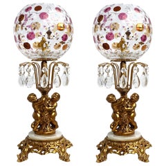 Vintage Pair Color Bohemia Crystal Hollywood Regency Empire Cherub Onix Gilt Table Lamps