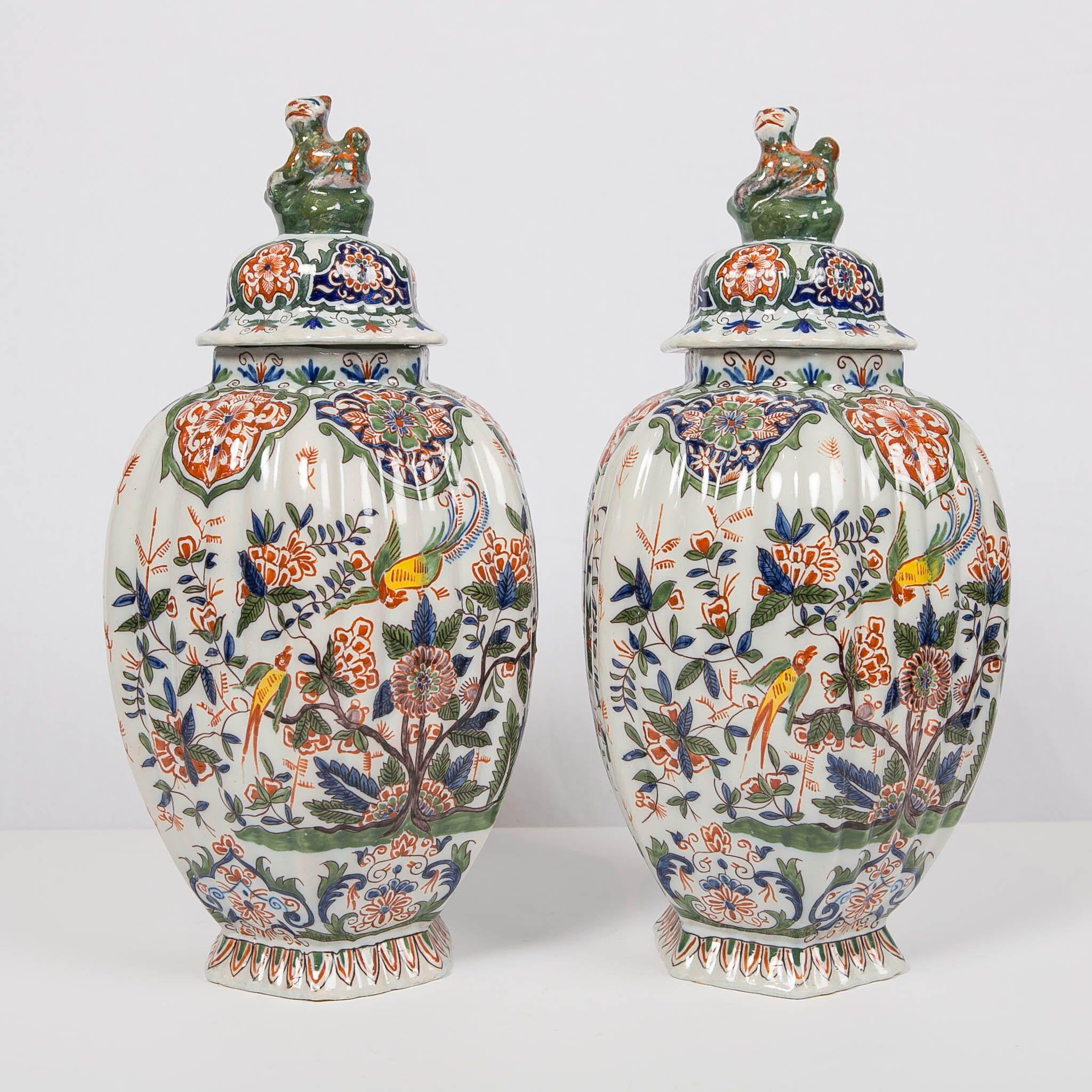 Glazed Pair of Colorful 19th Century Dutch Delft Jars Made, circa 1880