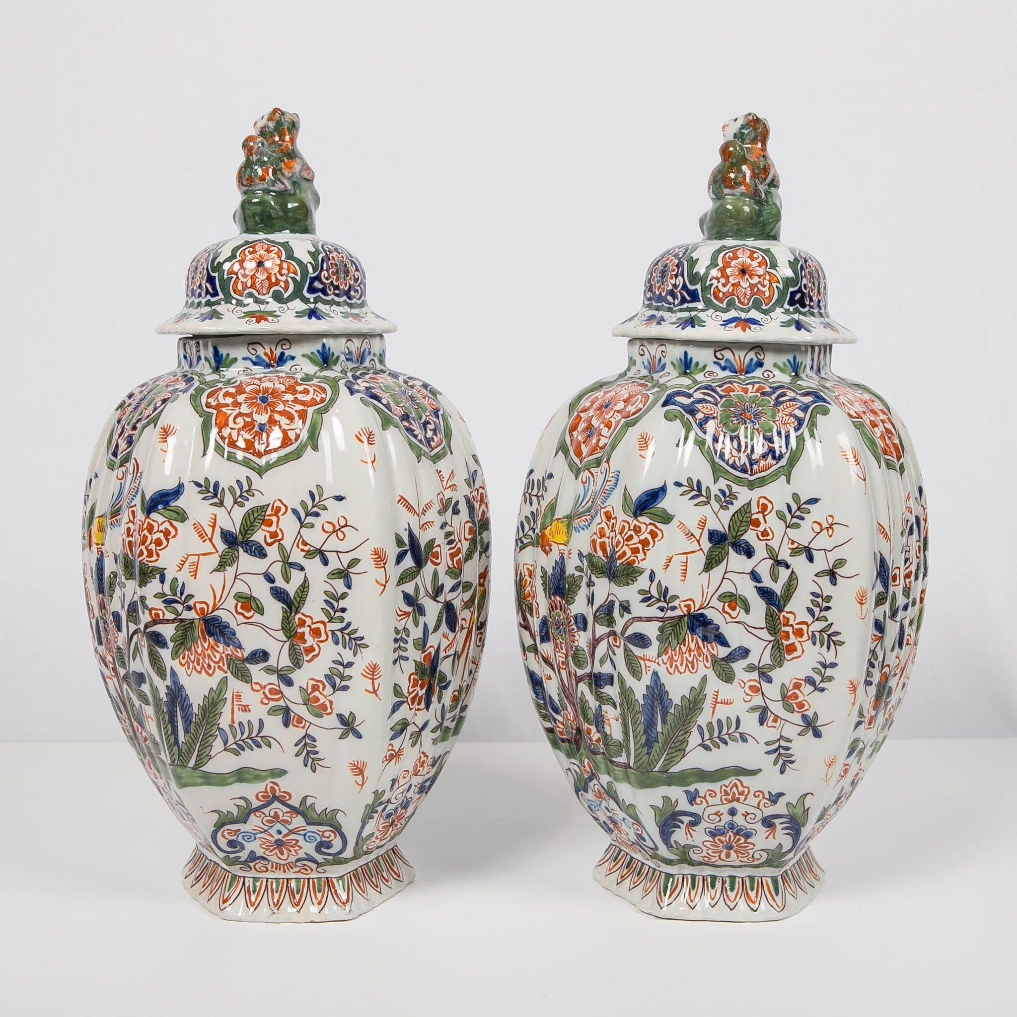 Pair of Colorful 19th Century Dutch Delft Jars Made, circa 1880 2