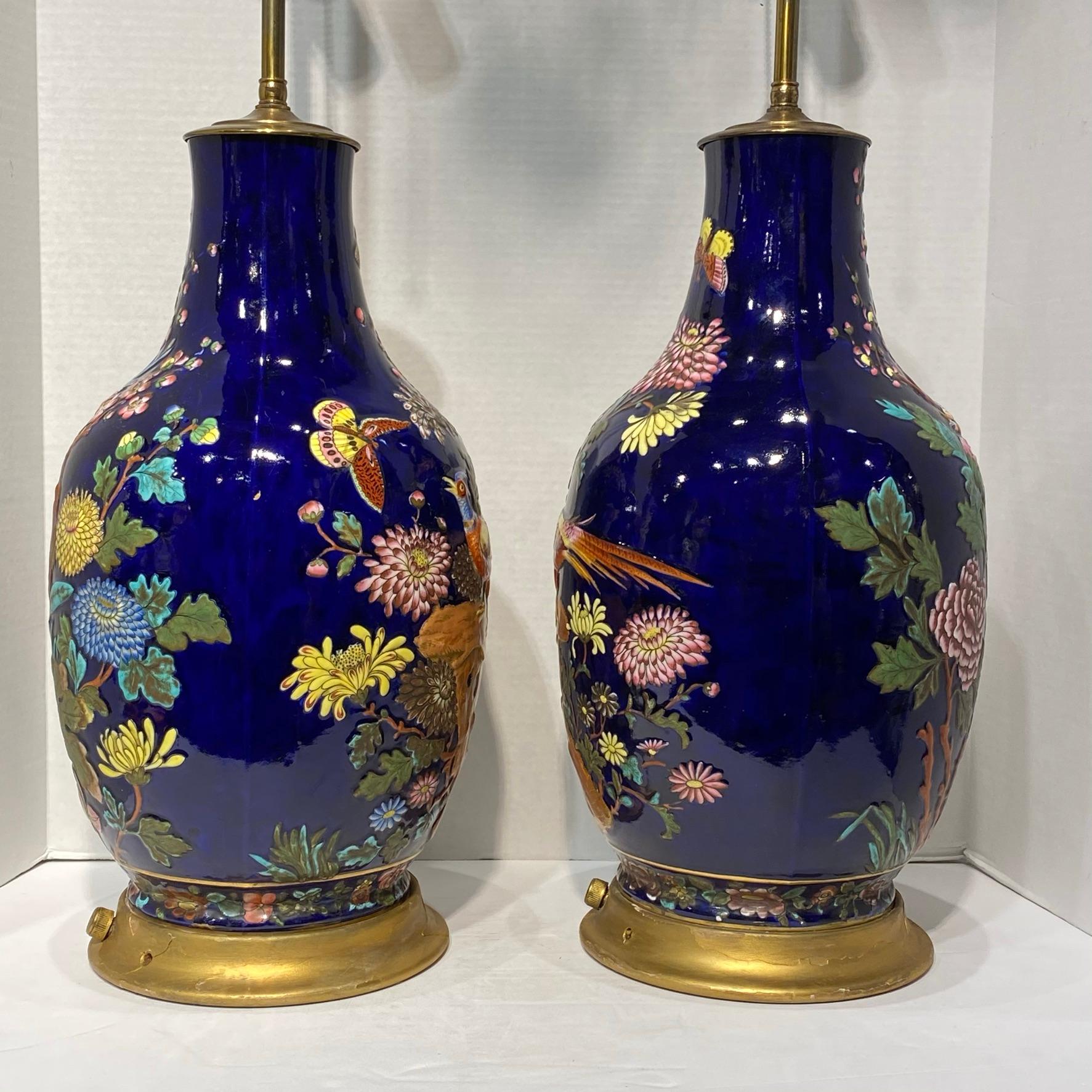 French Pair Colorful Enameled Porcelain Table Lamps with Bird and Flowers Motifs For Sale