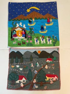 Pair Colourful Ethnographic Costa Rica Textile Wall Art Appliqués Signed