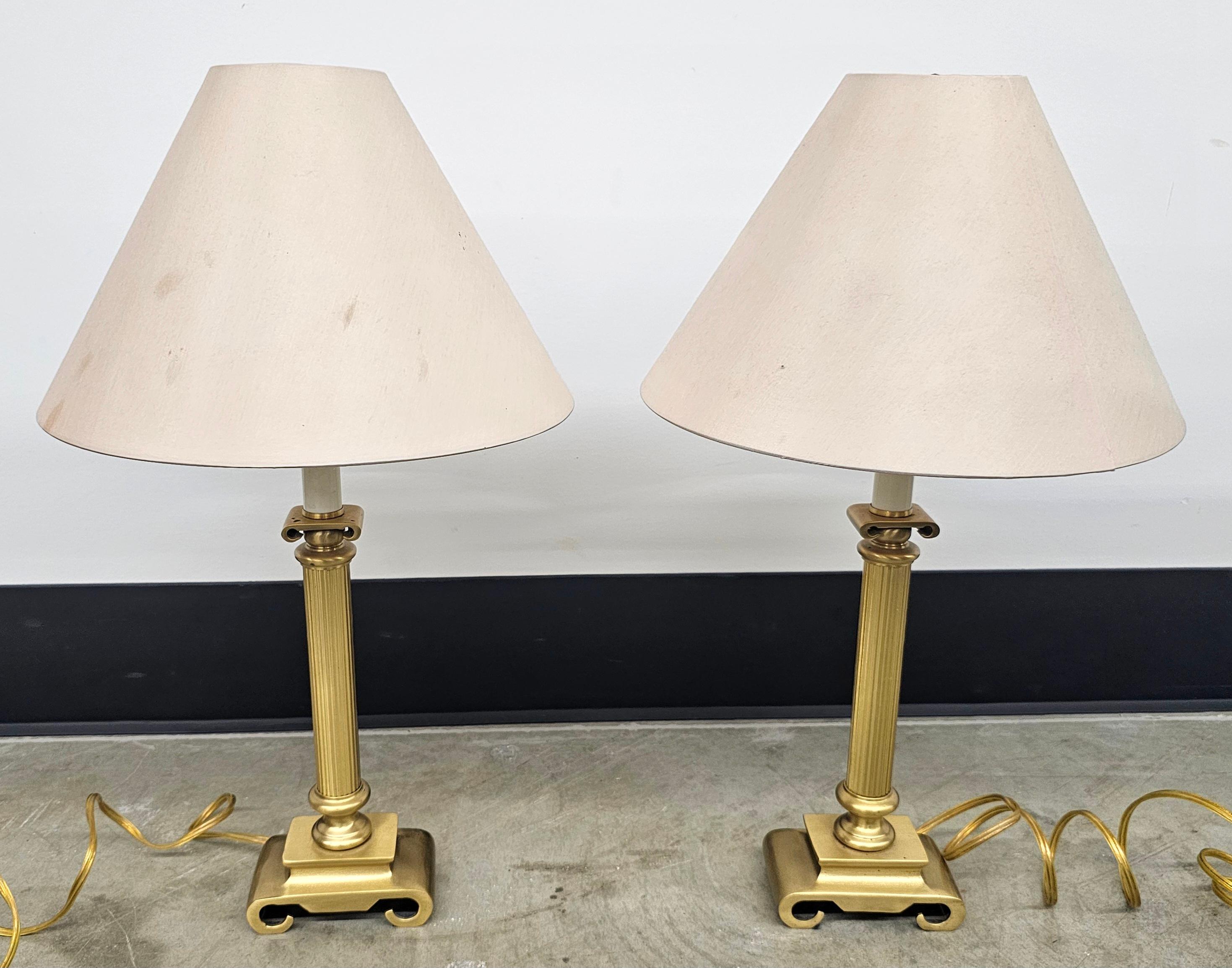Metal Pair Column Form Art Deco Style Brass Candlestick Table Lamps For Sale