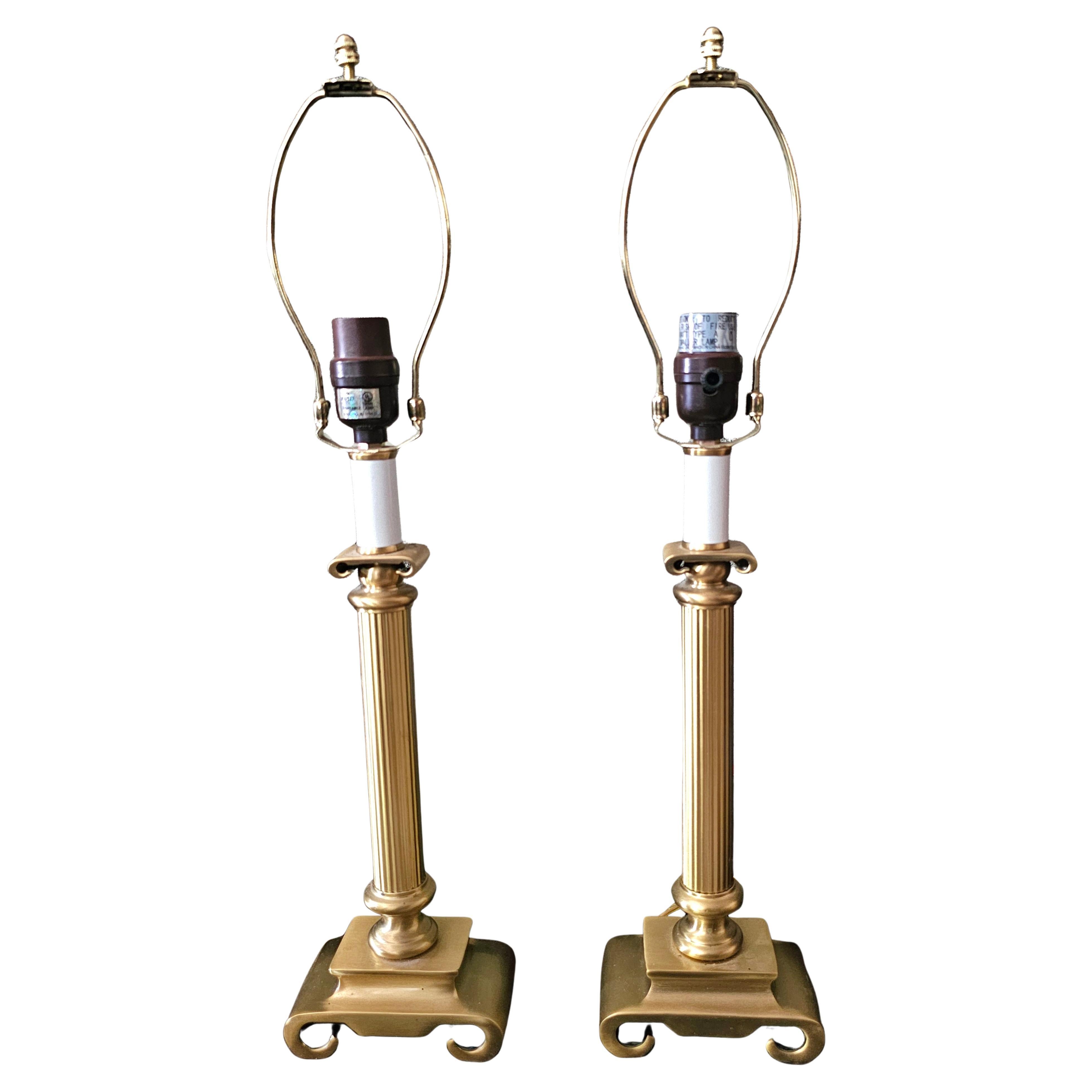 Pair Column Form Art Deco Style Brass Candlestick Table Lamps For Sale