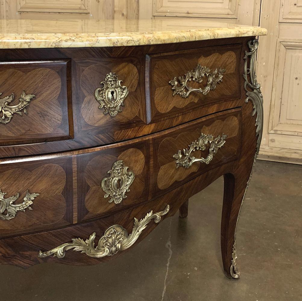 Pair of Commodes, 19th Century French Marble Top Marquetry Bombe 4