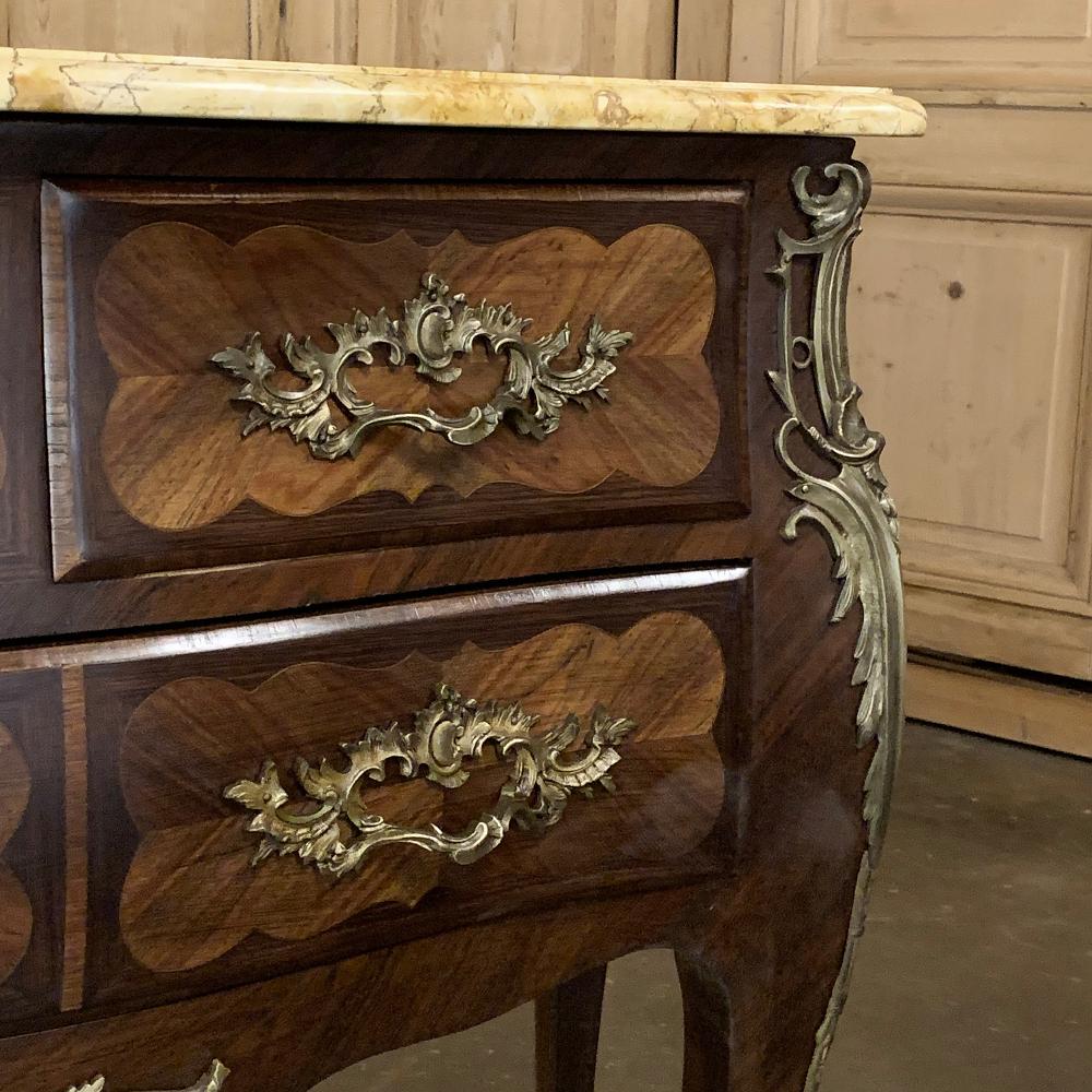 Pair of Commodes, 19th Century French Marble Top Marquetry Bombe 5
