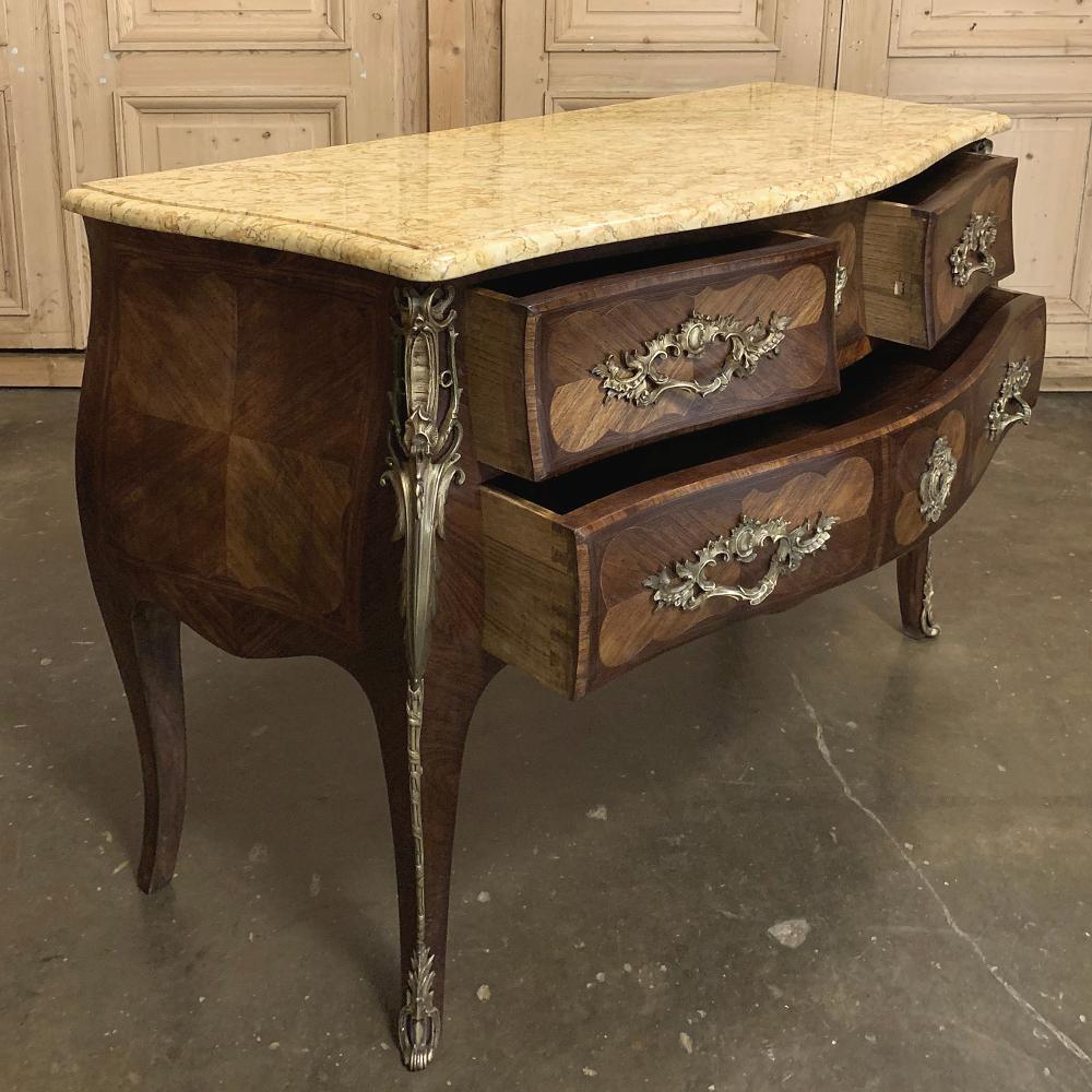 Pair of Commodes, 19th Century French Marble Top Marquetry Bombe 6