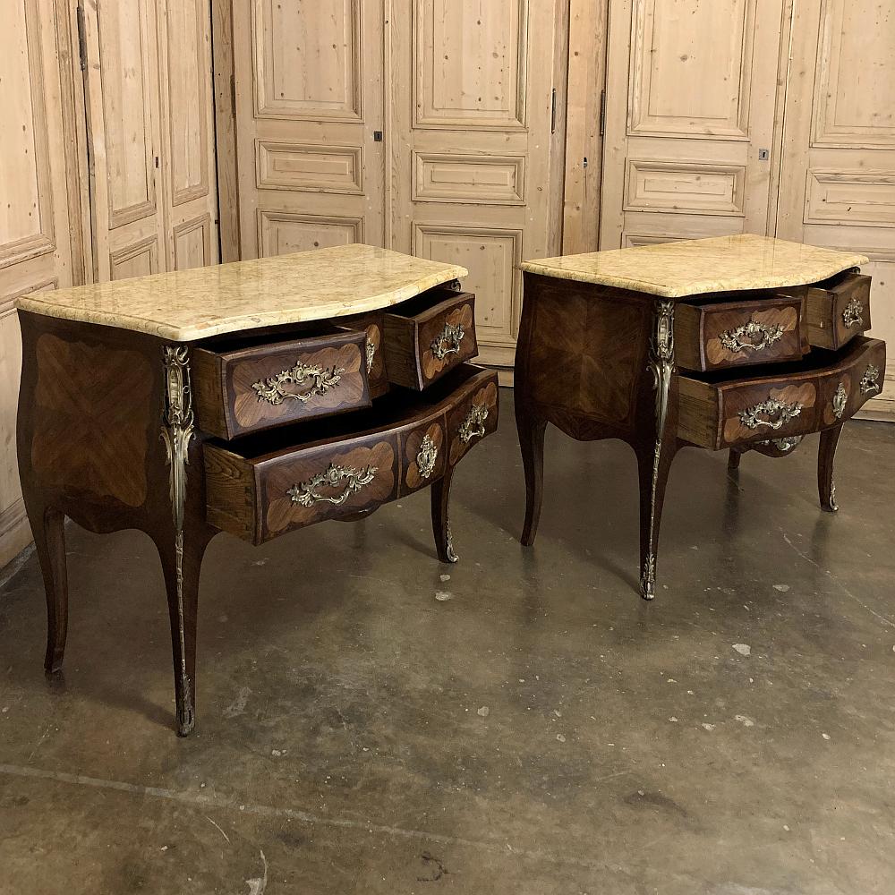Pair of Commodes, 19th Century French Marble Top Marquetry Bombe 7