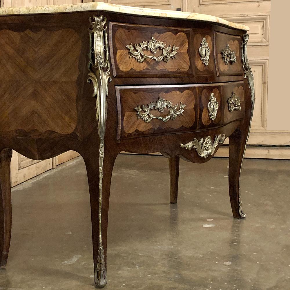 Pair of Commodes, 19th Century French Marble Top Marquetry Bombe 9