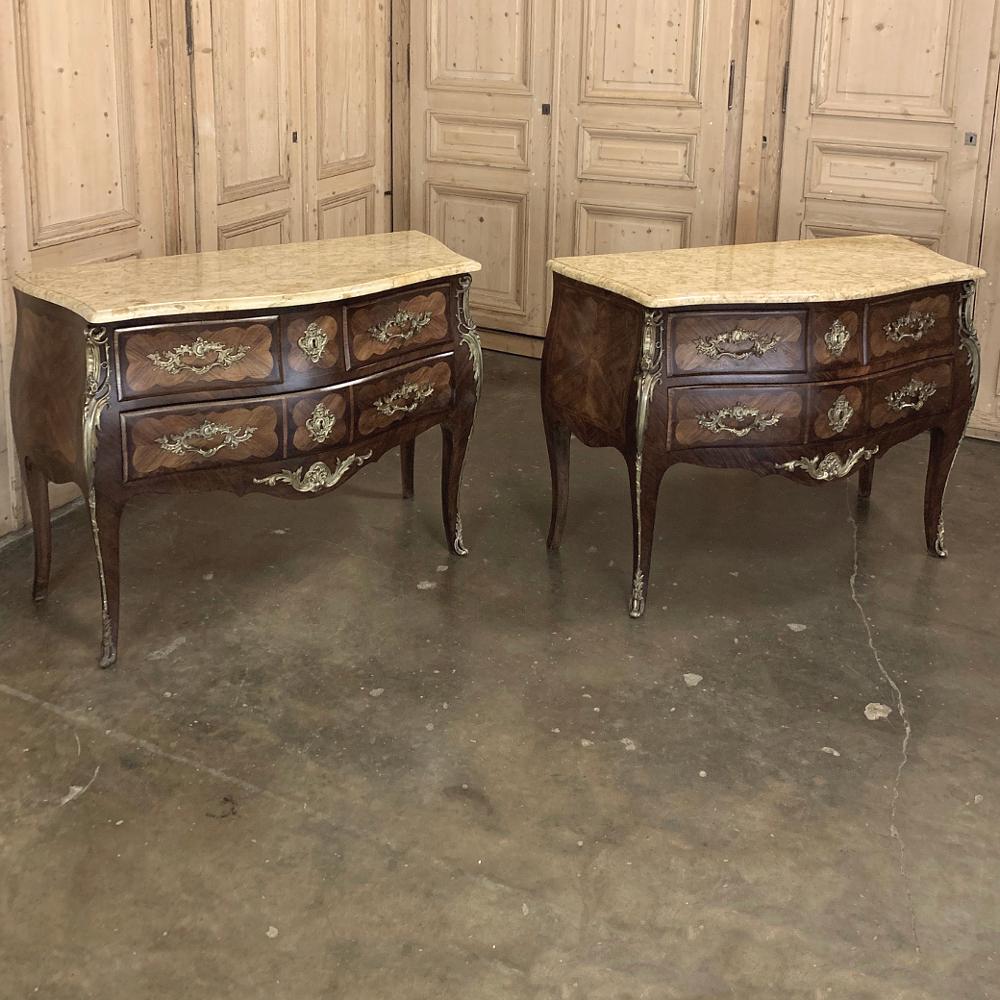 Louis XV Pair of Commodes, 19th Century French Marble Top Marquetry Bombe