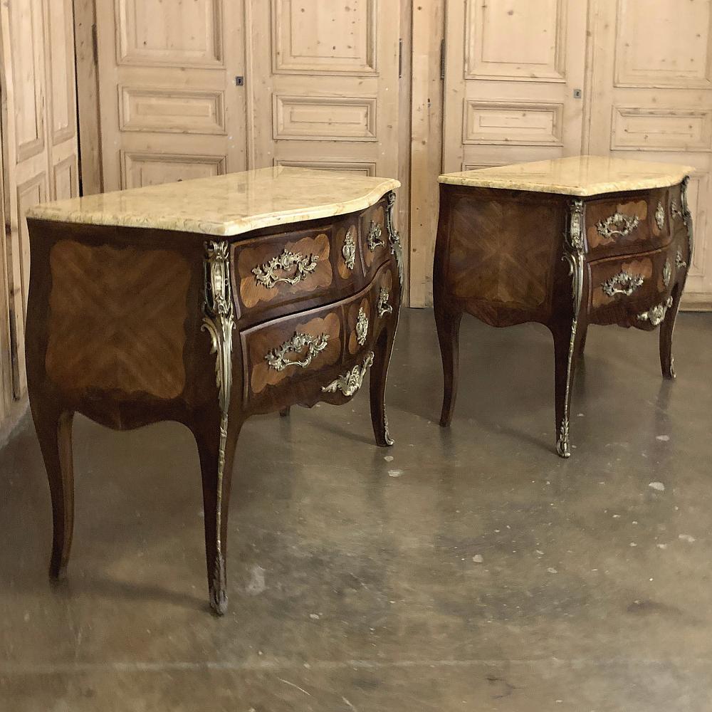 Hand-Crafted Pair of Commodes, 19th Century French Marble Top Marquetry Bombe