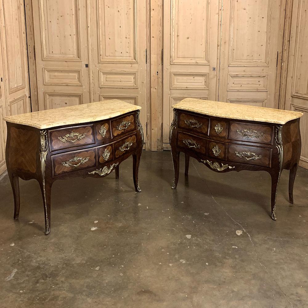 Pair of Commodes, 19th Century French Marble Top Marquetry Bombe In Good Condition In Dallas, TX