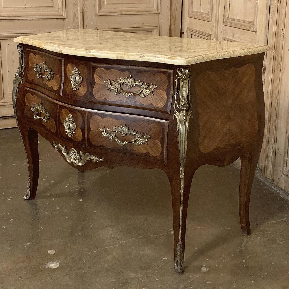 Mahogany Pair of Commodes, 19th Century French Marble Top Marquetry Bombe