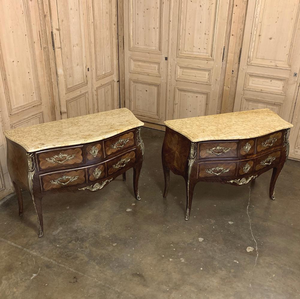 Pair of Commodes, 19th Century French Marble Top Marquetry Bombe 1