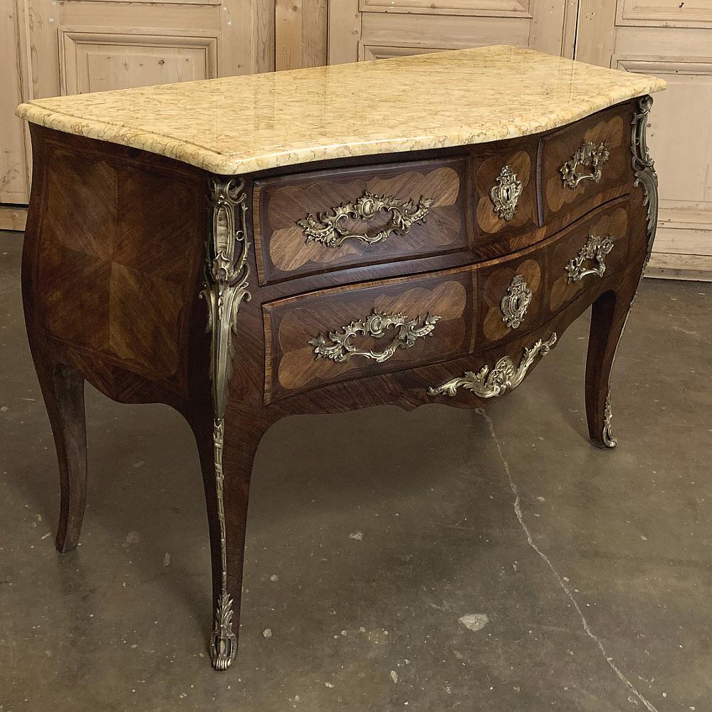 Pair of Commodes, 19th Century French Marble Top Marquetry Bombe 3