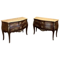 Pair of Commodes, 19th Century French Marble Top Marquetry Bombe
