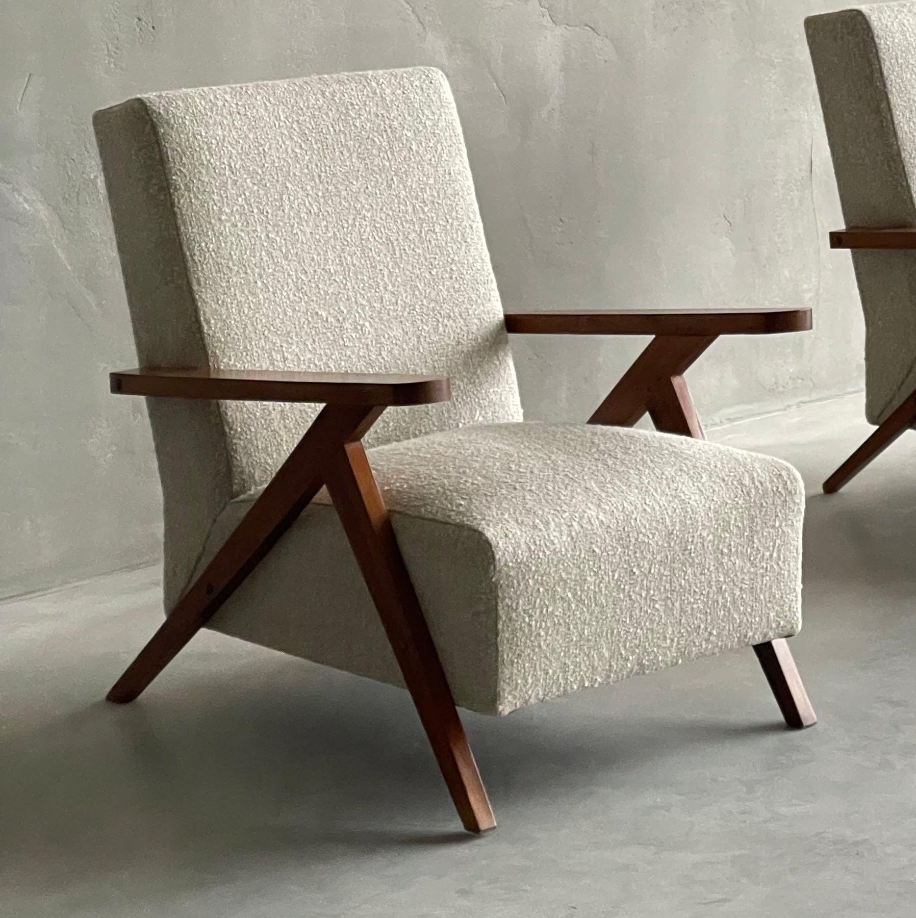 Upholstery Pair Compass Leg Upholstered Chairs, France, 1940s