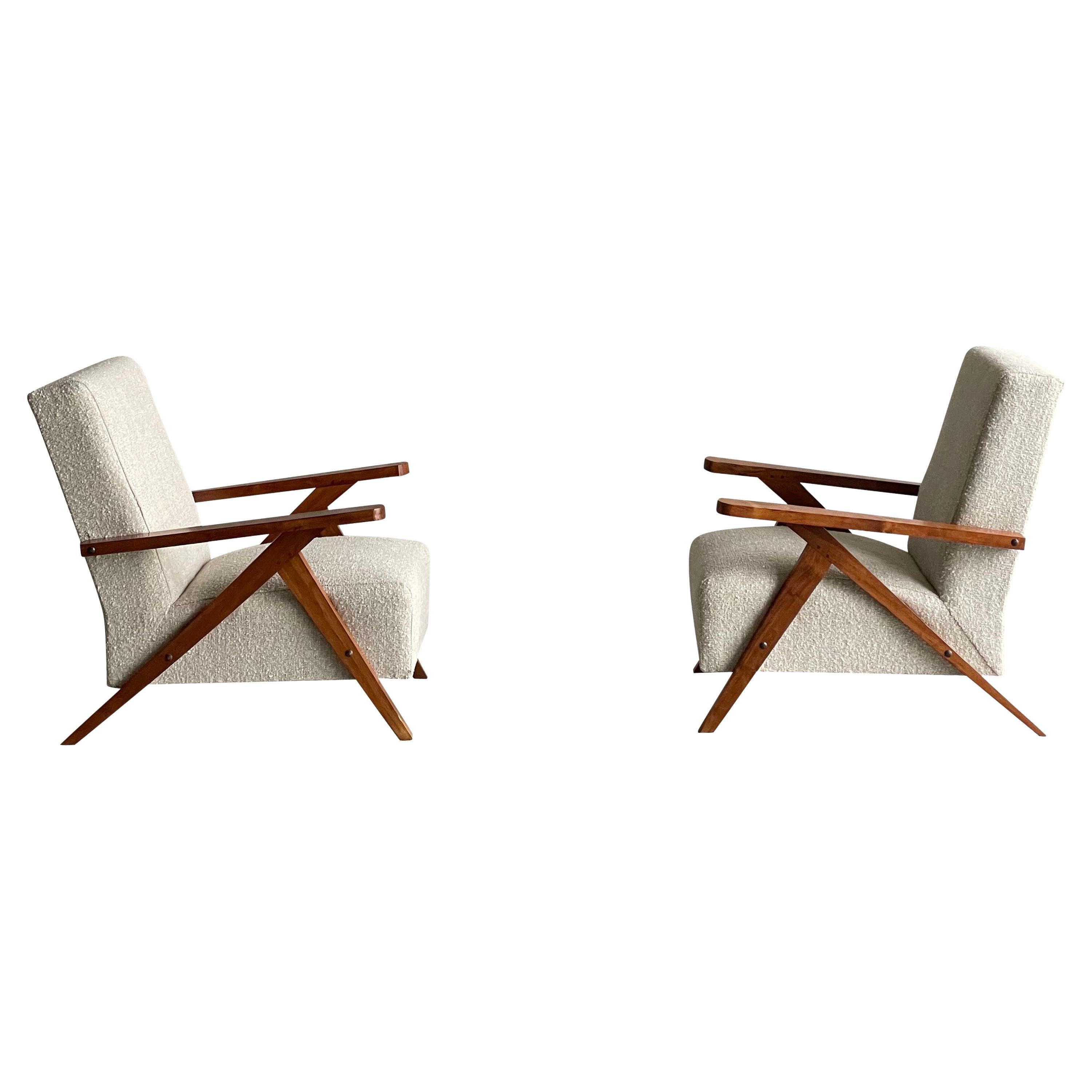 Pair Compass Leg Upholstered Chairs, France, 1940s