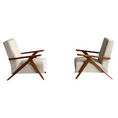 Pair Compass Leg Upholstered Chairs, France, 1940s