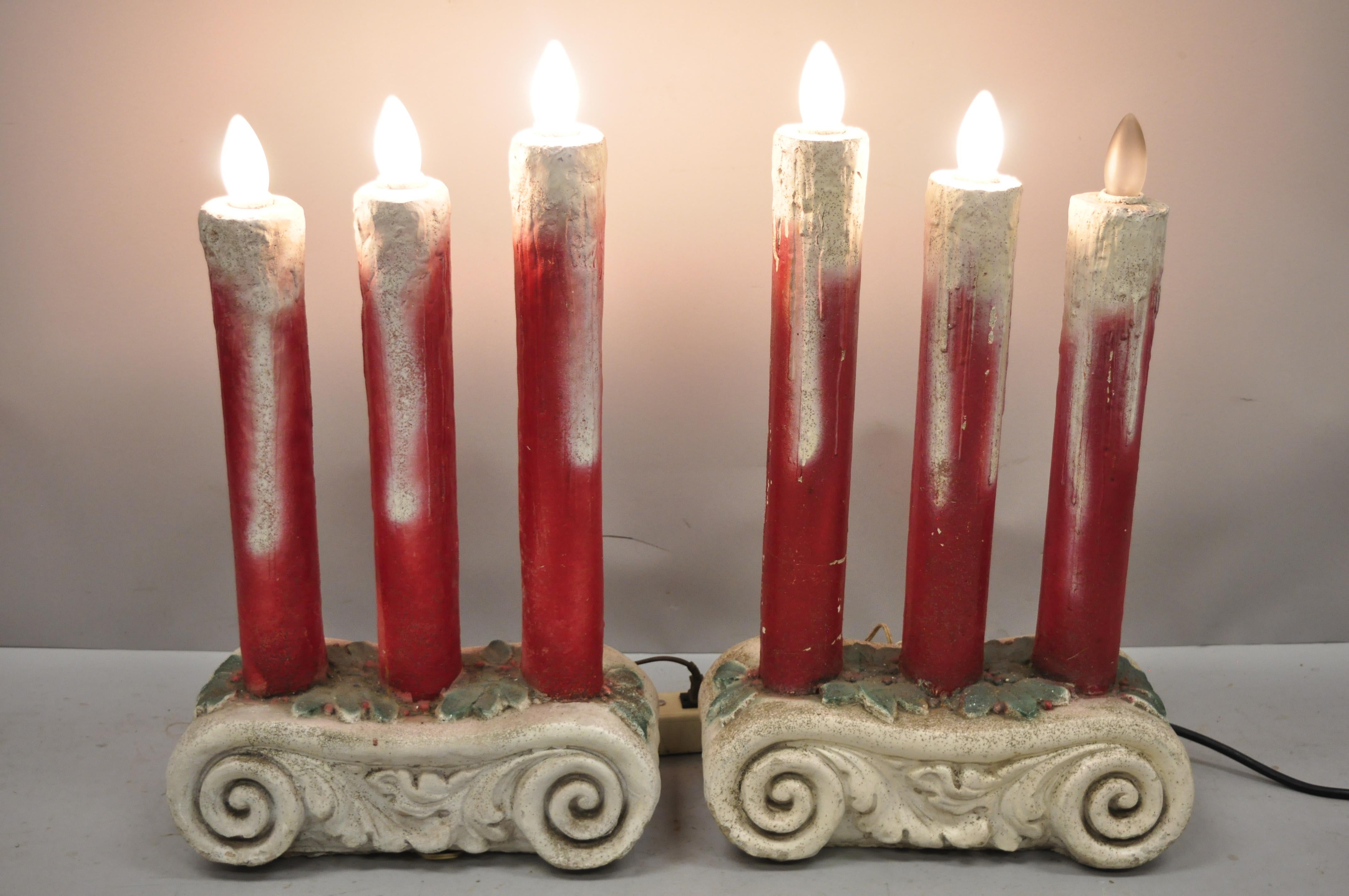 Hollywood Regency Concrete Cement 3-Light Christmas Candle Candelabra Architectural Elements, Pair For Sale