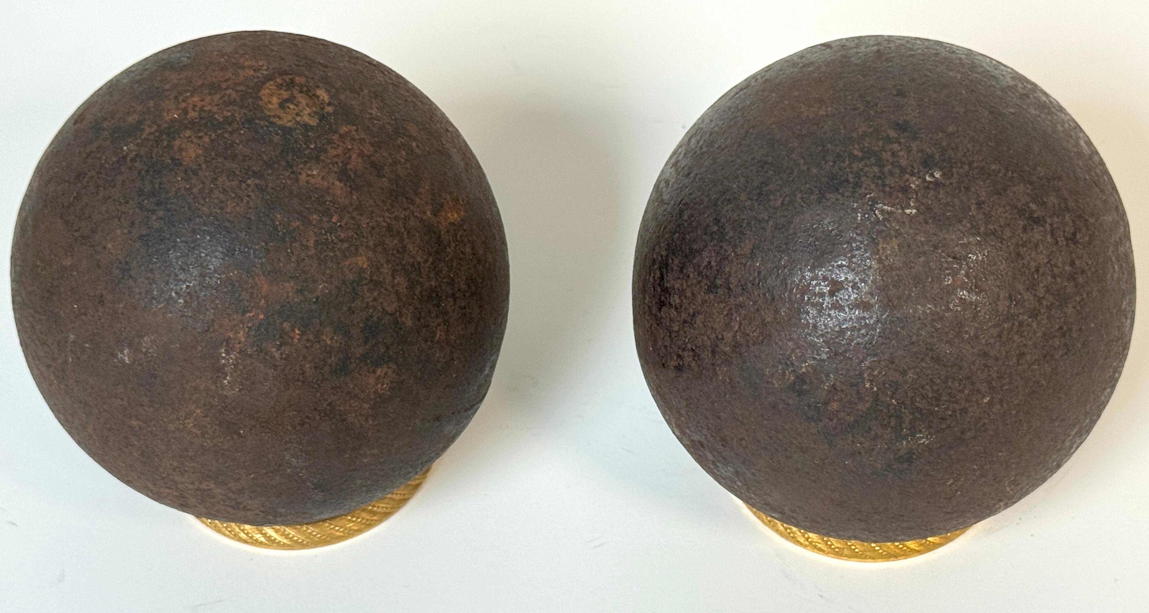 Industrial Pair Confederate Civil War Cast Iron Cannonballs with Century Ormolu Mounts For Sale