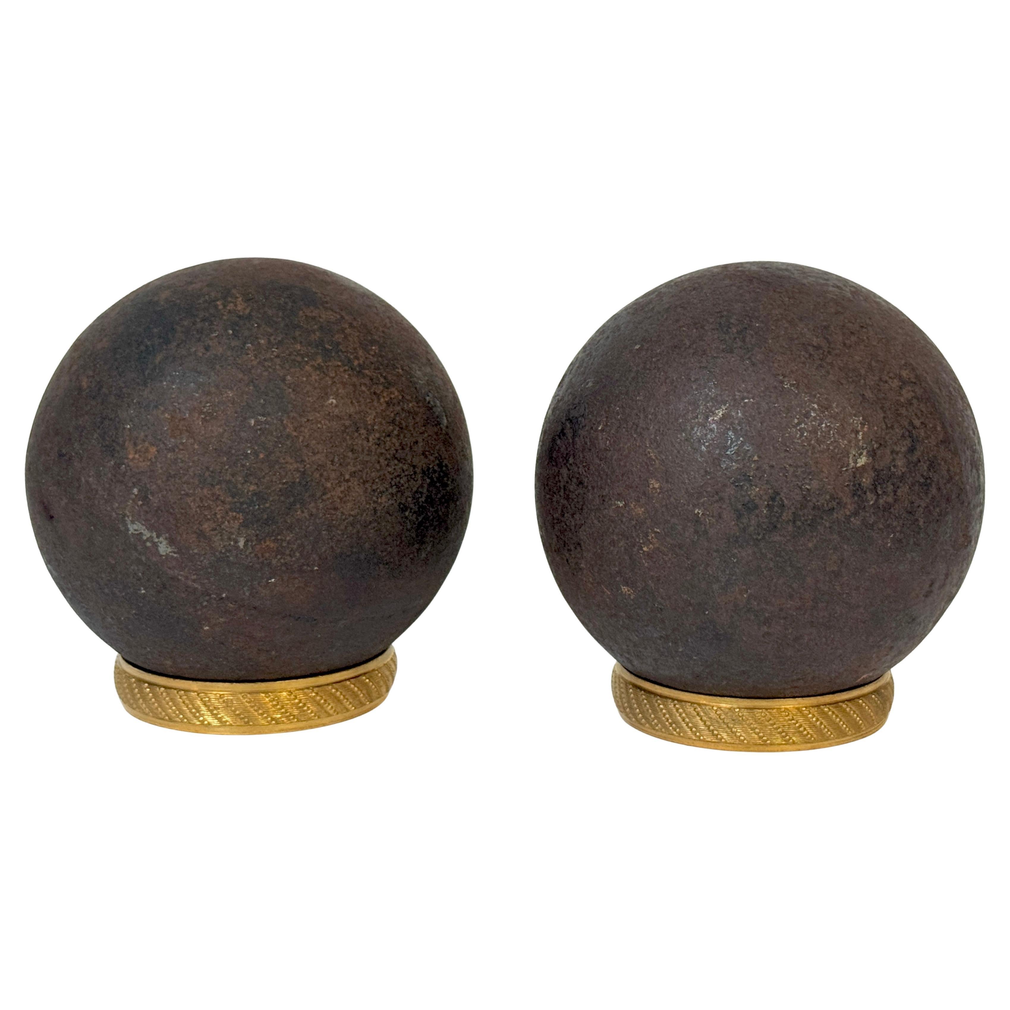 Pair Confederate Civil War Cast Iron Cannonballs with Century Ormolu Mounts For Sale