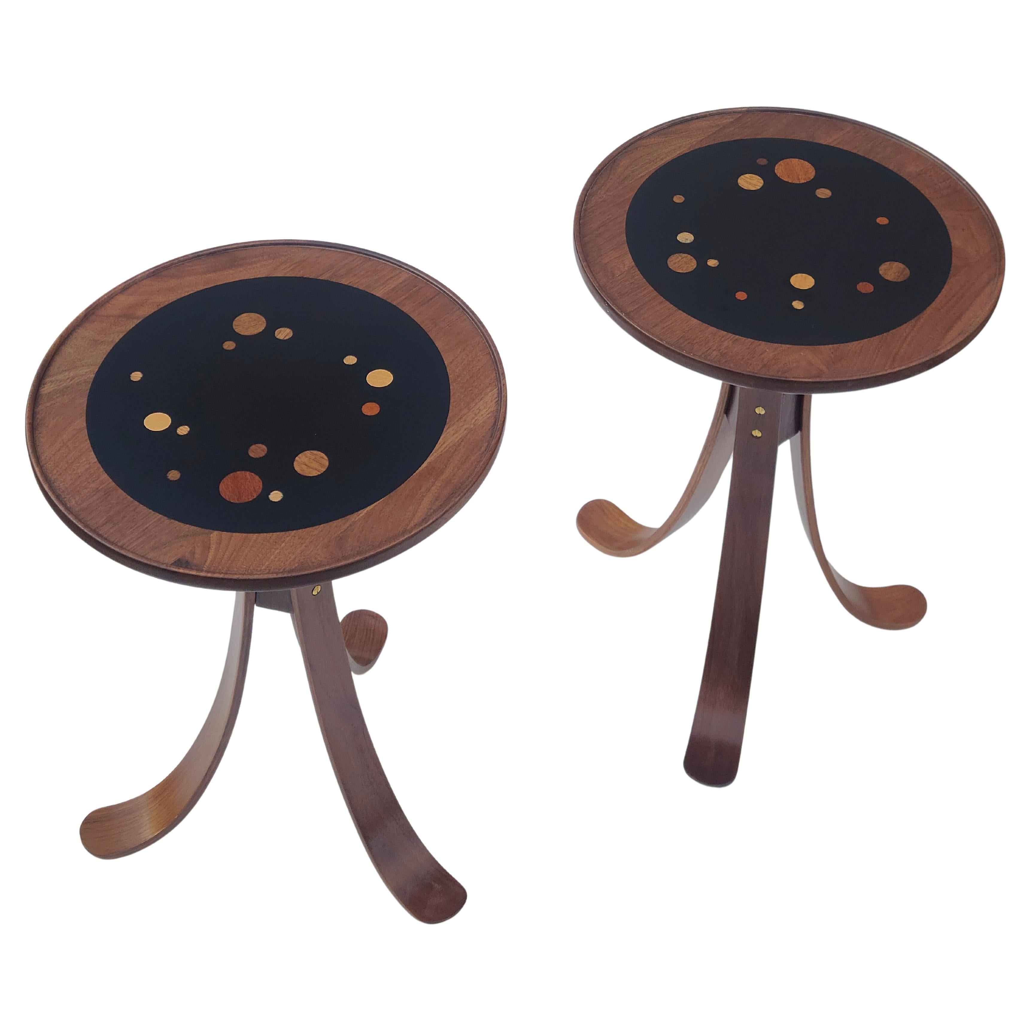 Pair Constellation Tripod Tables Walnut In the Style of Edward Wormley