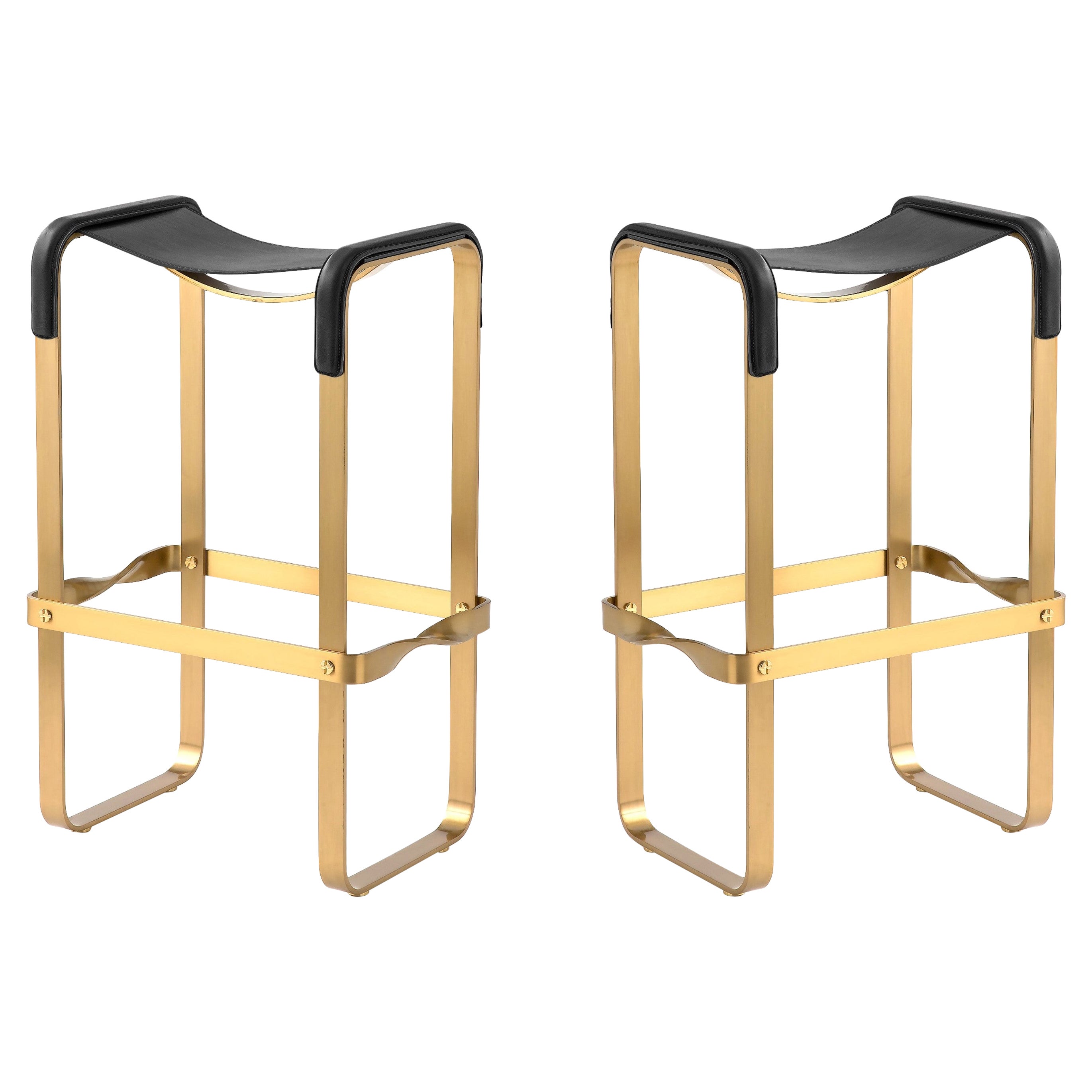 Pair Contemporary Bar Stool Aged Brass Metal & Black Leather