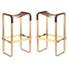 Pair Contemporary  Bar Stool Aged Brass Metal & Dark Brown Leather