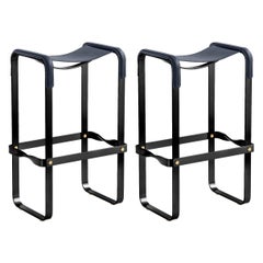 Pair Contemporary  Bar Stool Black Smoke Metal & Navy Blue Leather