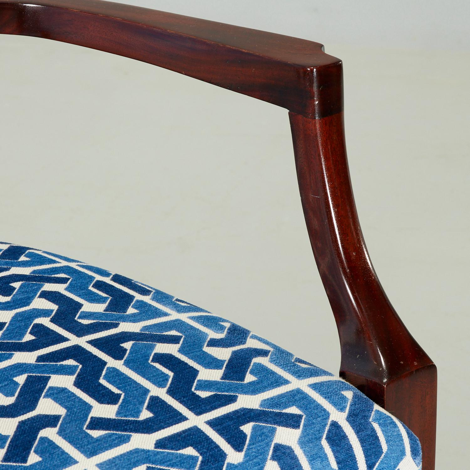 Modern Pair Contemporary Designer Upholstered Armchairs in Blue and White Velvet Fabric