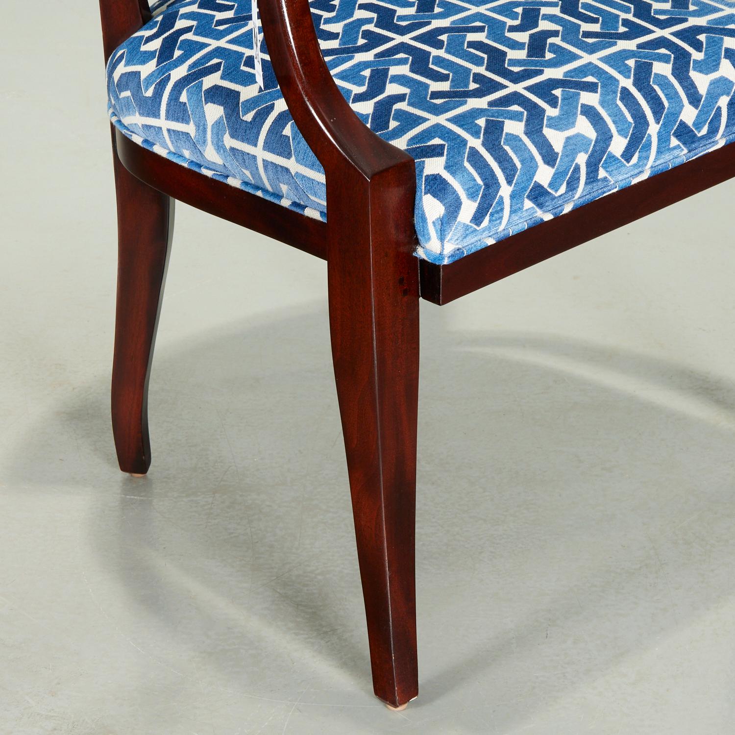 American Pair Contemporary Designer Upholstered Armchairs in Blue and White Velvet Fabric