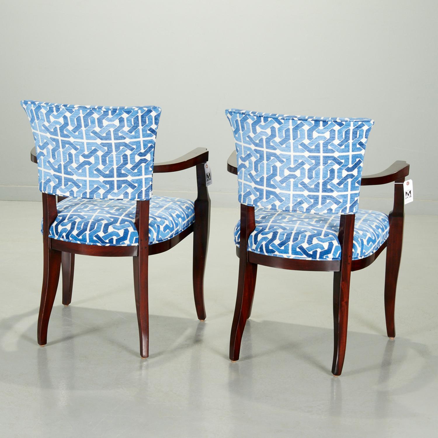 Pair Contemporary Designer Upholstered Armchairs in Blue and White Velvet Fabric In Good Condition In Morristown, NJ