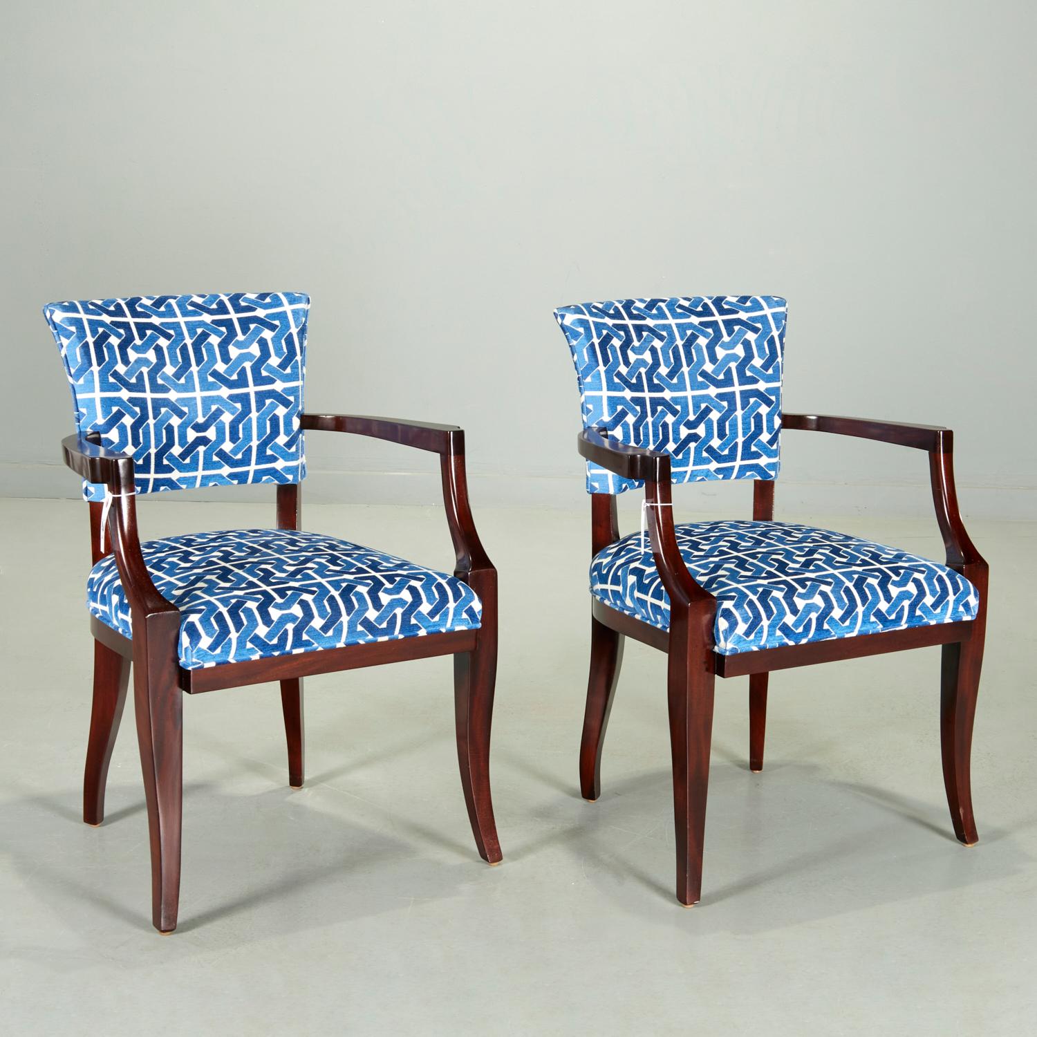 Pair Contemporary Designer Upholstered Armchairs in Blue and White Velvet Fabric 1