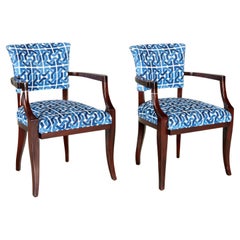 Pair Contemporary Designer Upholstered Armchairs in Blue and White Velvet Fabric