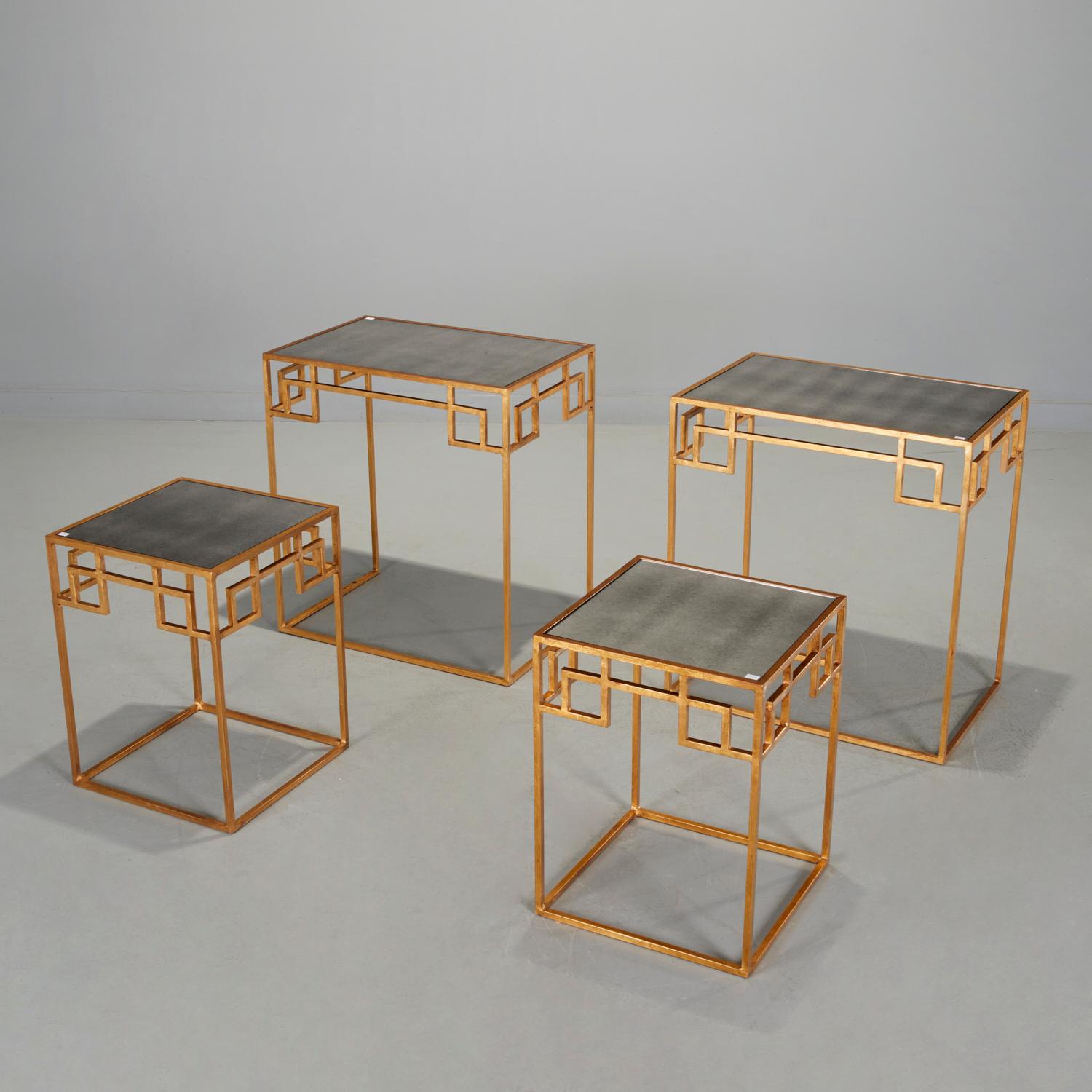 Modern Pair Contemporary Gilt and Mirrored Glass Nesting Tables with Greek Key Design For Sale
