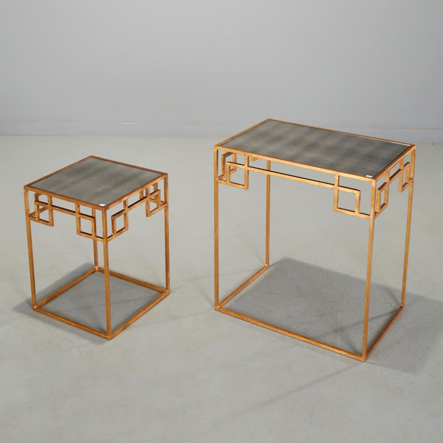 American Pair Contemporary Gilt and Mirrored Glass Nesting Tables with Greek Key Design For Sale