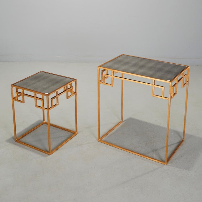 Pair Contemporary Gilt and Mirrored Glass Nesting Tables with Greek Key