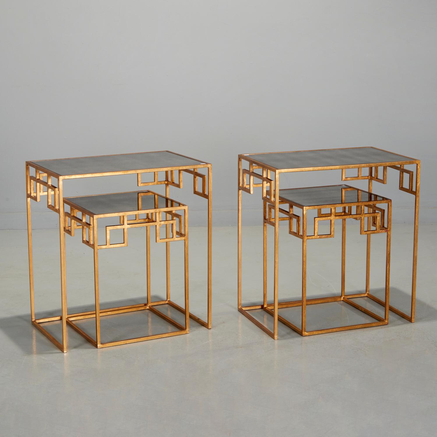 Pair Contemporary Gilt and Mirrored Glass Nesting Tables with Greek Key Design In Good Condition For Sale In Morristown, NJ