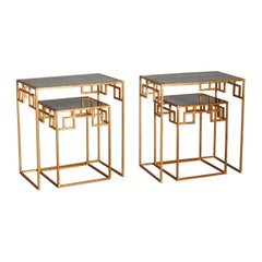 Pair Contemporary Gilt and Mirrored Glass Nesting Tables with Greek Key Design