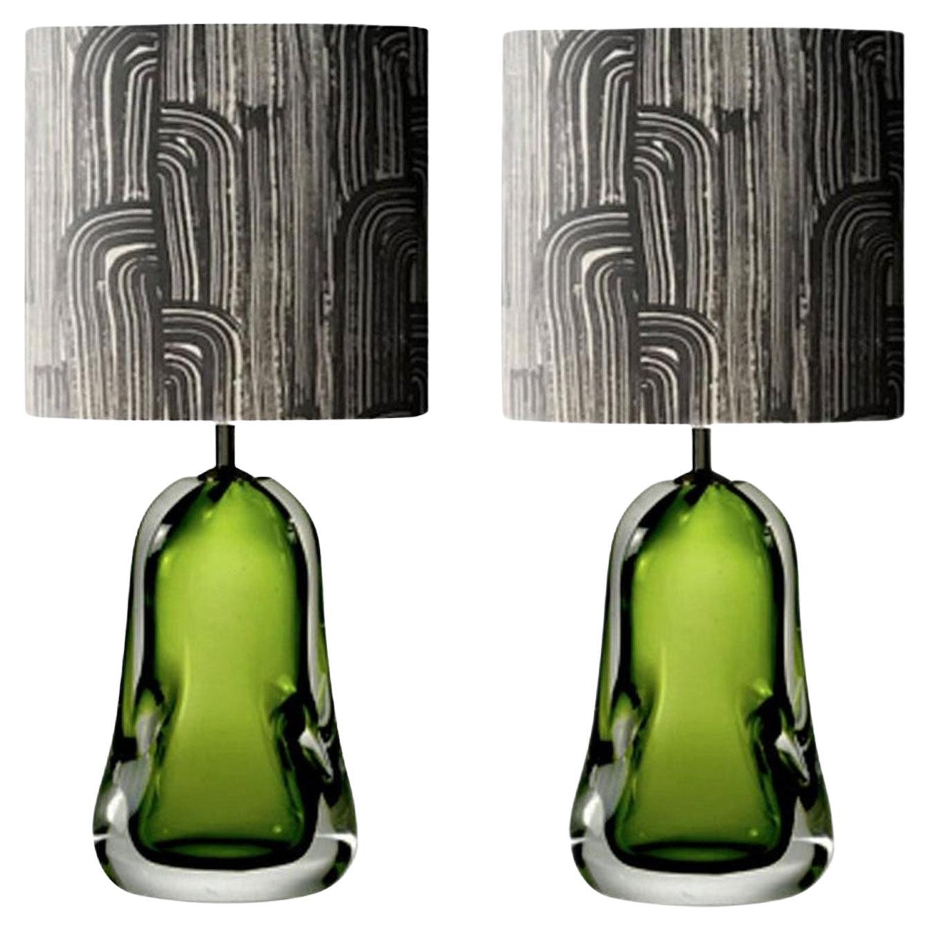 Pair Contemporary Green Blown Glass Table Lamps with Black White Paper Lampshade