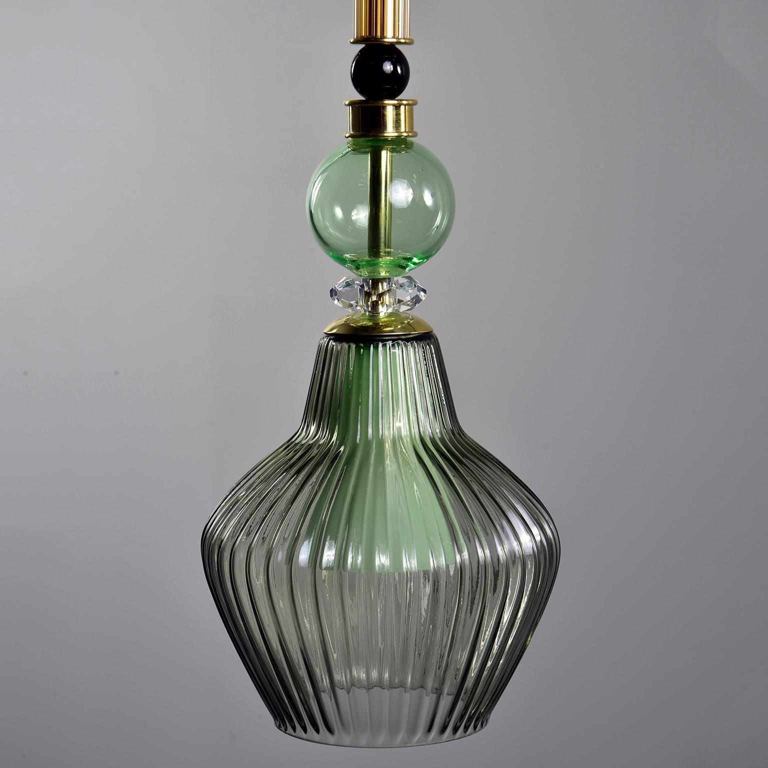 Pair of Contemporary Green Murano Glass Pendant Lights In Good Condition In Troy, MI