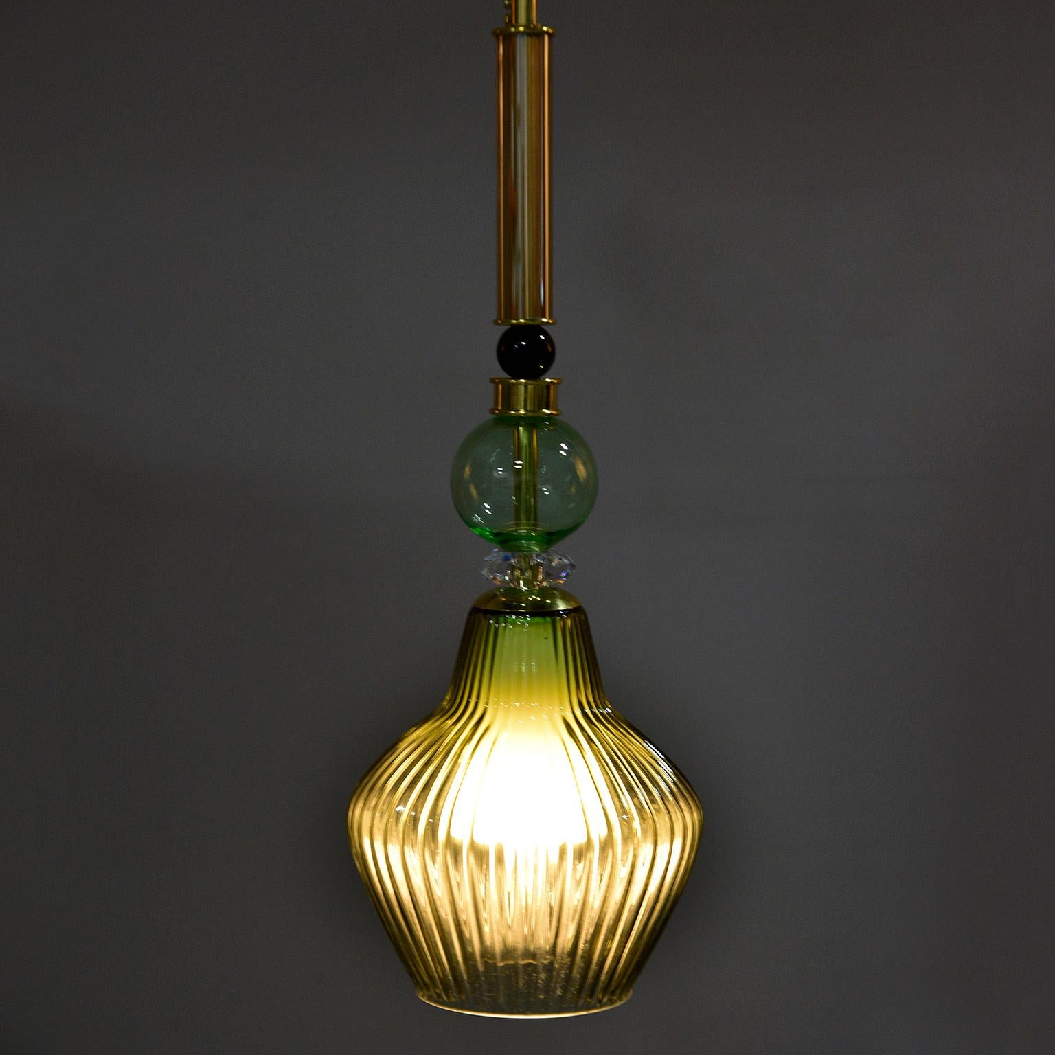 Brass Pair of Contemporary Green Murano Glass Pendant Lights