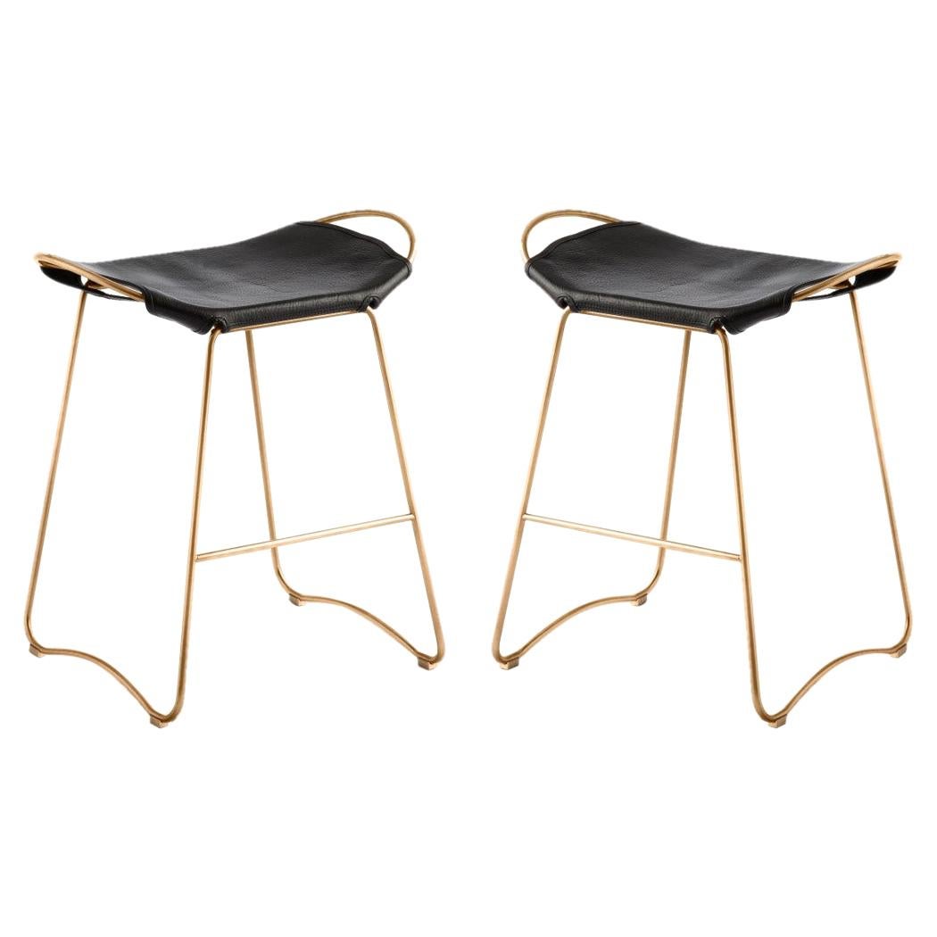 Pair Contemporary Kitchen Counter Bar Stool Brass Metal & Black Leather Sample For Sale