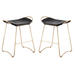 Pair Contemporary Kitchen Counter Bar Stool Brass Metal & Black Leather Sample