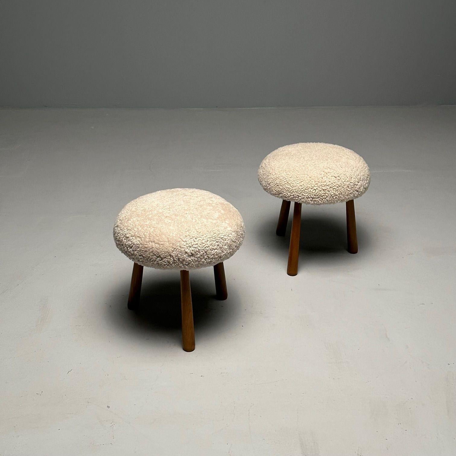 Pair Contemporary Sheepskin Stools / Ottomans, Swedish Modern Style, Shearling For Sale 6